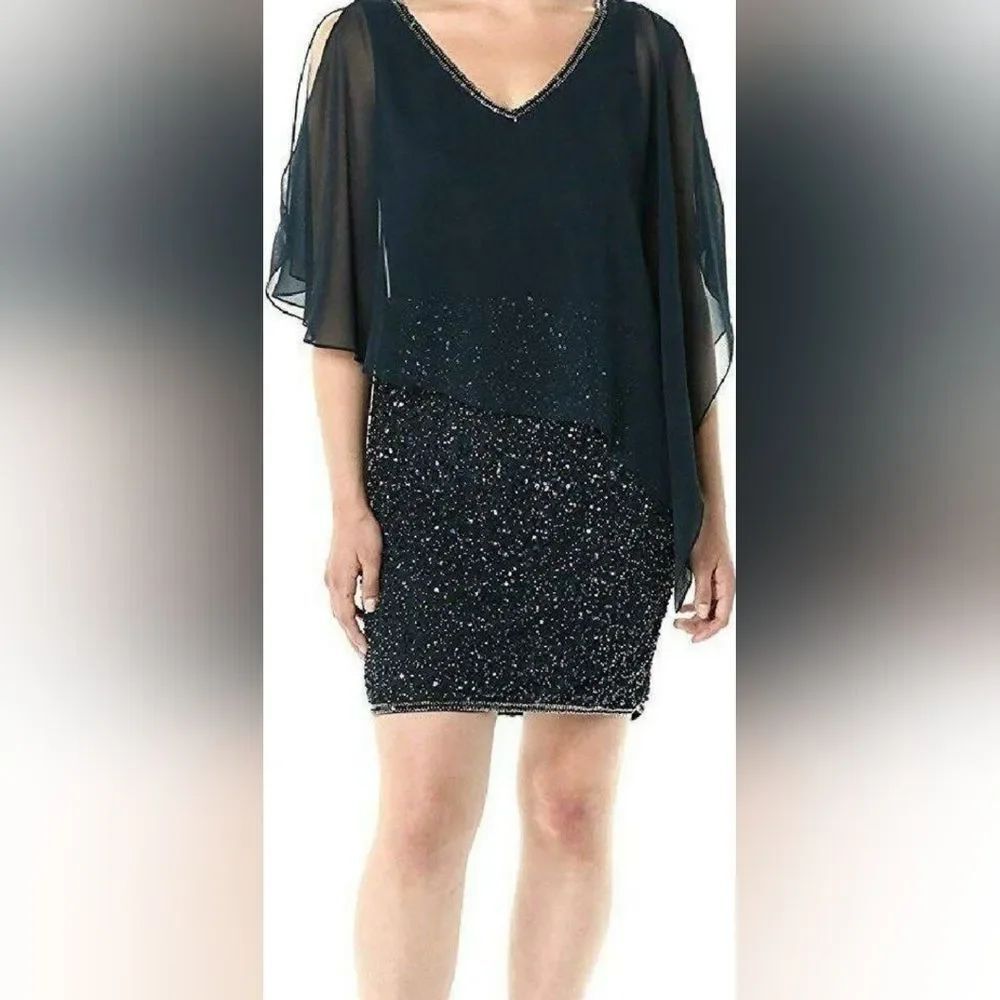 J KARA 10 Navy Asymmetrical Chiffon Overlay Sequin Women's Dress